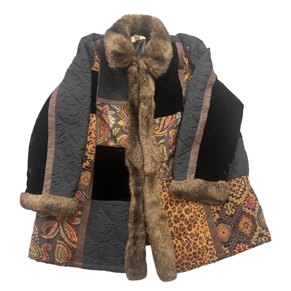 Mulberry Street Patchwork Coat 3X Multicolor Faux Fur Tapestry Quilted Boho